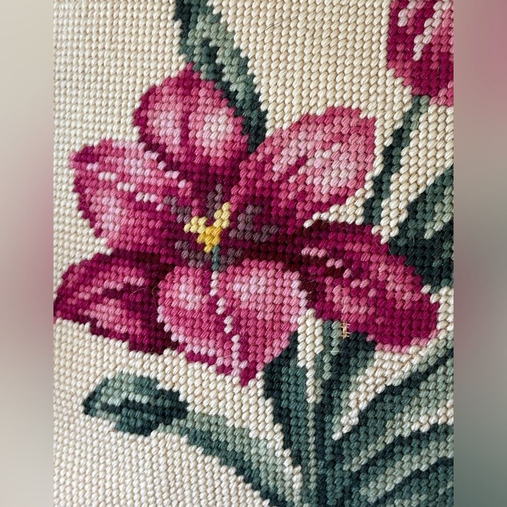 Vintage Needlepoint Pink Floral Throw Pillows Red Velvet Back 11 x 11 Handmade - Picture 3 of 5